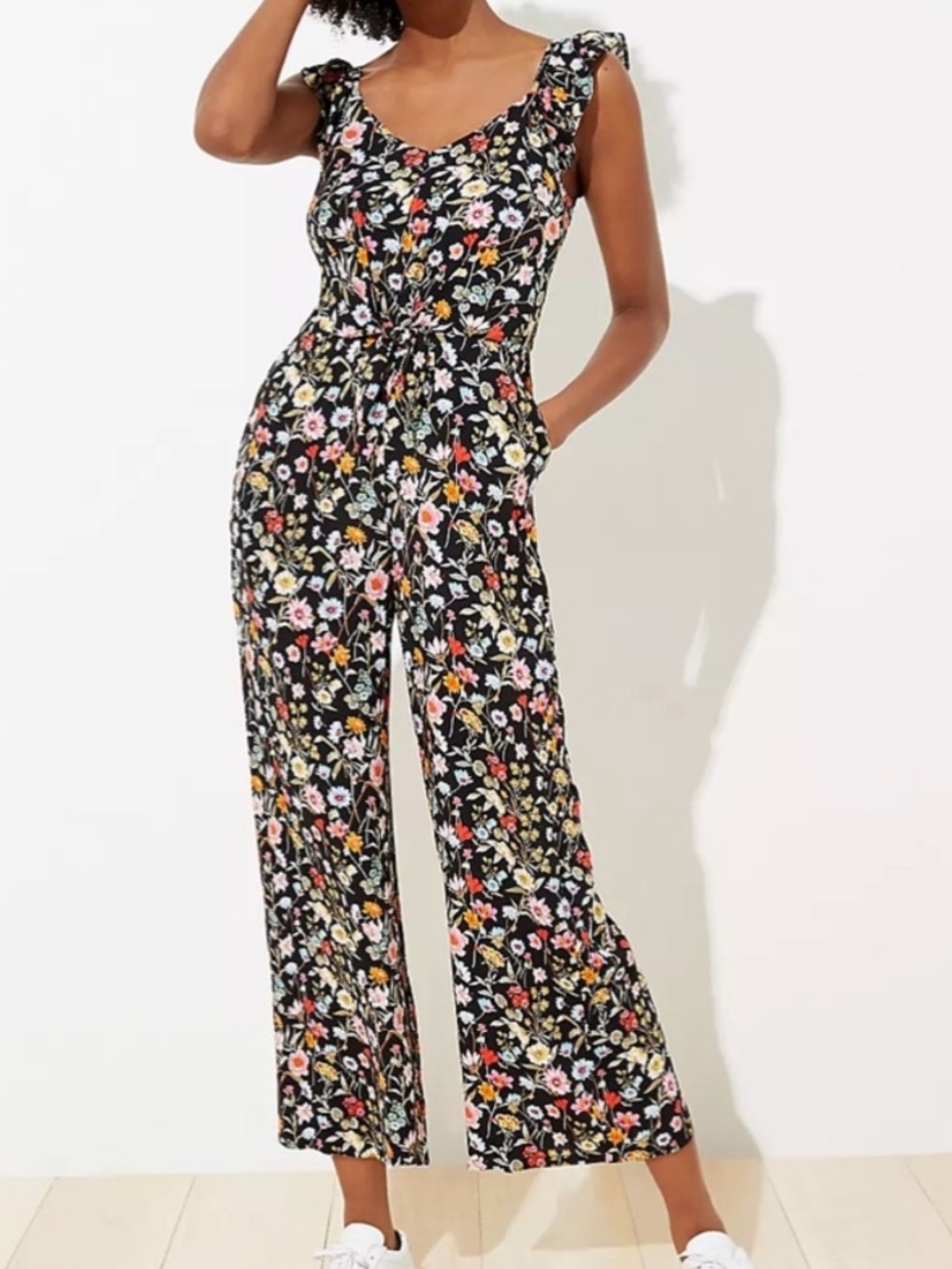Loft Black multicolor Floral Jumpsuit with tie front & ruffle sleeve size 16 NWT
